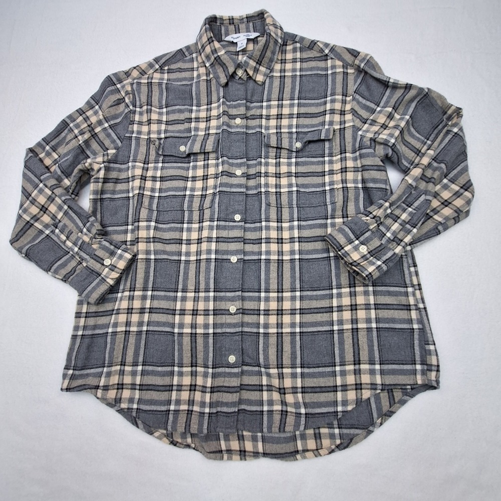 Old Navy Boyfriend Shirt Womens Medium Gray Plaid Flannel Cotton Button Down